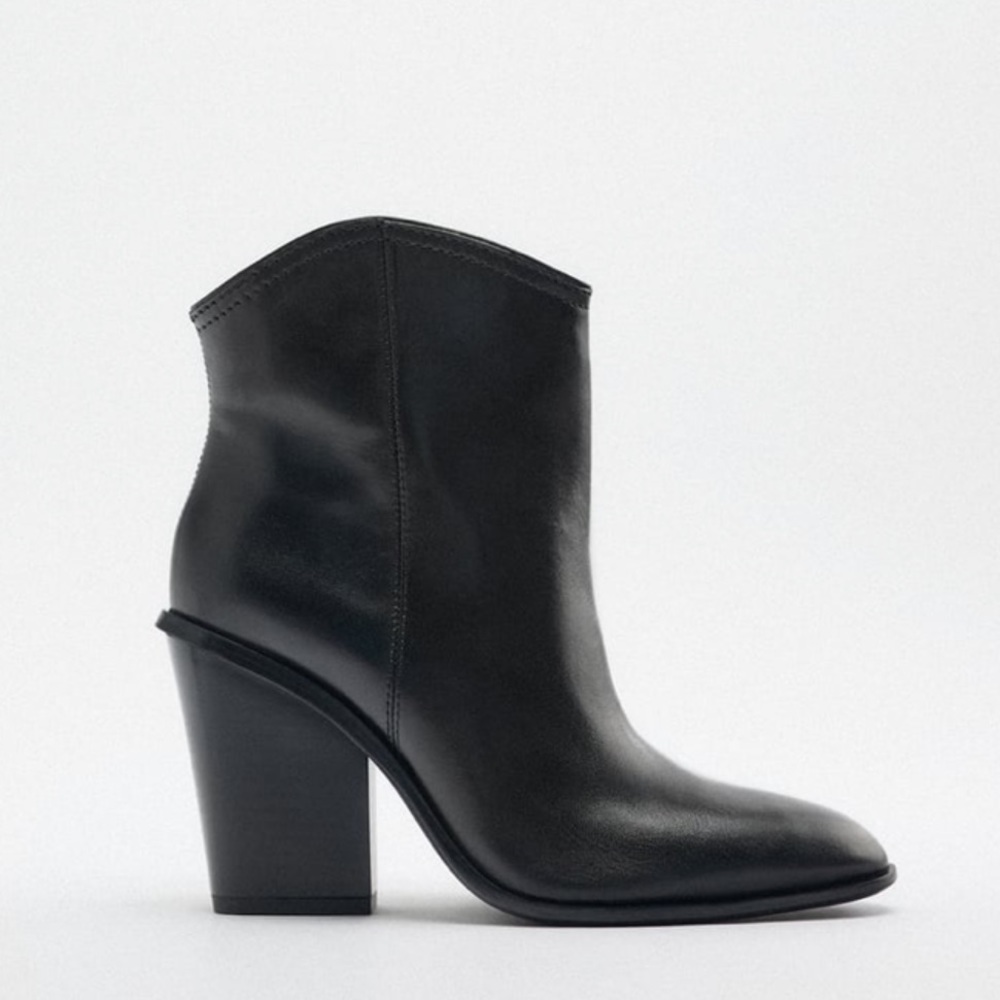 Zara Black Leather Cowboy Ankle Boot 6